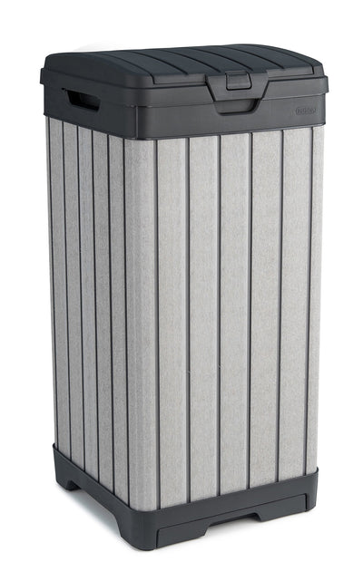 Keter Rockford Resin 38 Gallon Outdoor Kitchen Trash Can with Lid and Drip Tray for Easy Cleaning-Perfect for Patio Dining, Grey