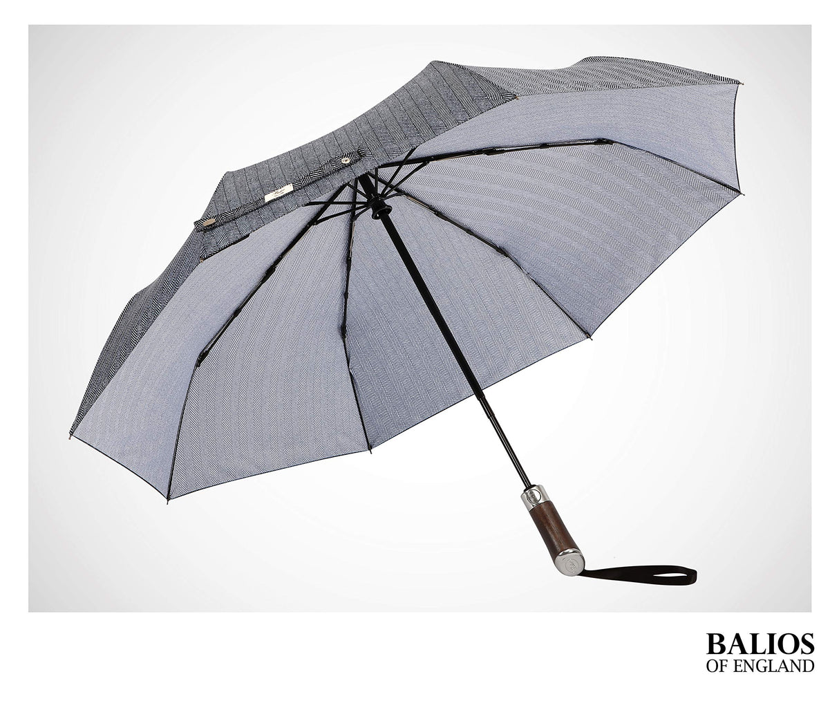Balios (Designed in UK) Travel Umbrella Luxurious Golden Hardwood Handle Auto Open & Close Windproof Frame Single Canopy Automatic Folding Umbrella Men's & Ladies (Herringbone) Balios