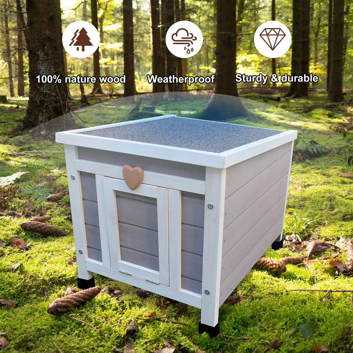 Rockever Outdoor Cat House,Outdoor cat Houses for Feral Cats Weatherproof Rabbit Hutch Small, Wooden Small Pet House and Habitats-Grey with Mat Rockever