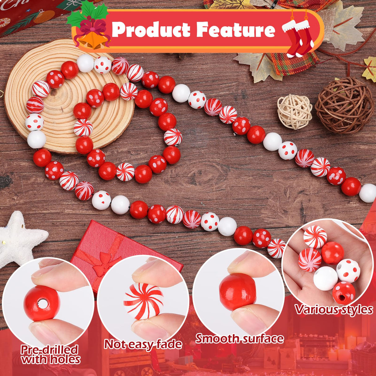 180 Pcs Candy Cane Wood Beads 16mm Christmas Wooden Beads Colorful Round Craft Beads with Holes, Christmas Dotted Striped Farmhouse Spacer Wood Beads for Christmas Party Holiday DIY Garland Jewelry Lucomb