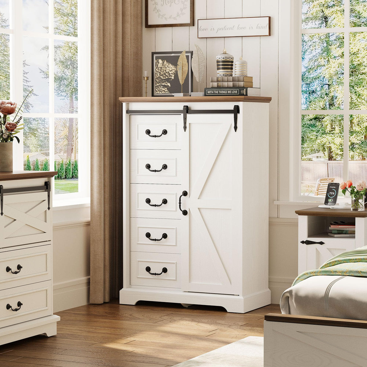 IRONCK 5 Drawers Dressers for Bedroom, Farmhouse Dresser Chest of Drawer with Sliding Barn Door,48” Tall Dresser Storage Organizer for Living Room, Entryway, White/Walnut IRONCK