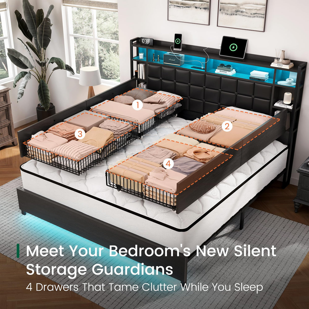 LARMACE King Size Bed Frame with 4 Storage Drawers and Bookcase Headboard, Faux Leather Upholstered, Wooden Platform Bed Frame with Charging Station and LED Lights, No Box Spring Needed, Black LARMACE