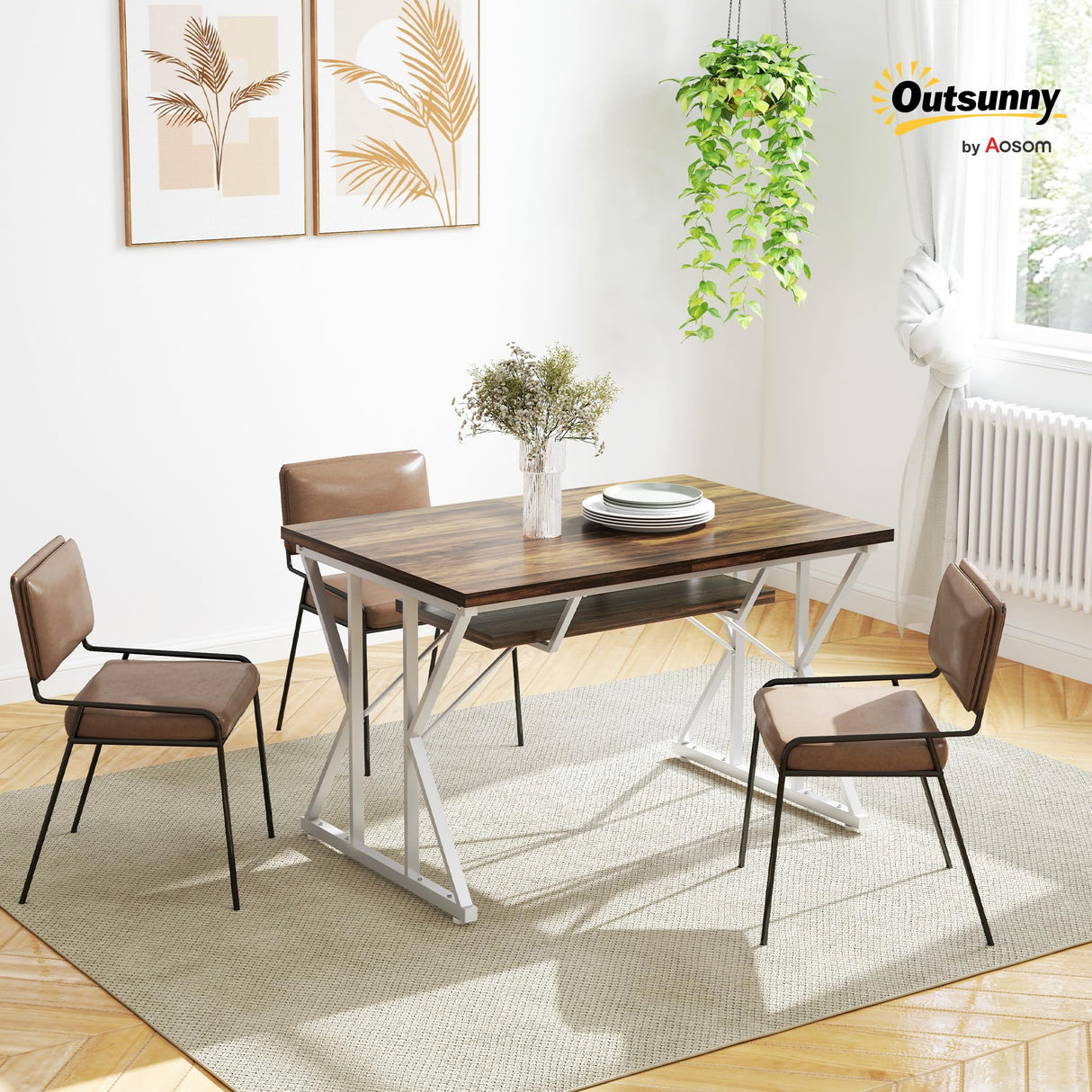 HOMCOM 47"-63" Expandable Dining Table for 4-6 People, Farmhouse Dinner Table with Heavy Duty Metal Trestle Base, Rectangle Kitchen Desk, Distressed Brown HOMCOM