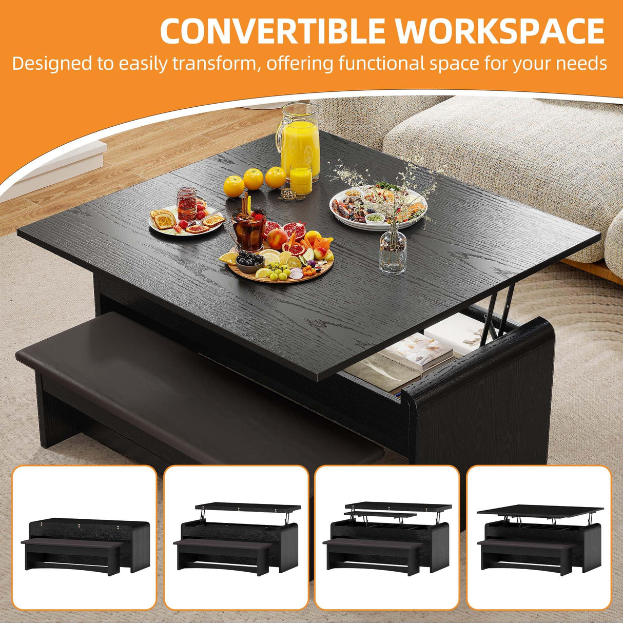 Homiflex Coffee Table Lift Top, 40'' Multi-Function Coffee Table Set with Bench & Hidden Compartment, Center Table w/Curved Corner, Converts to Home Office Table, Dining Table for Living Room, Black Homiflex