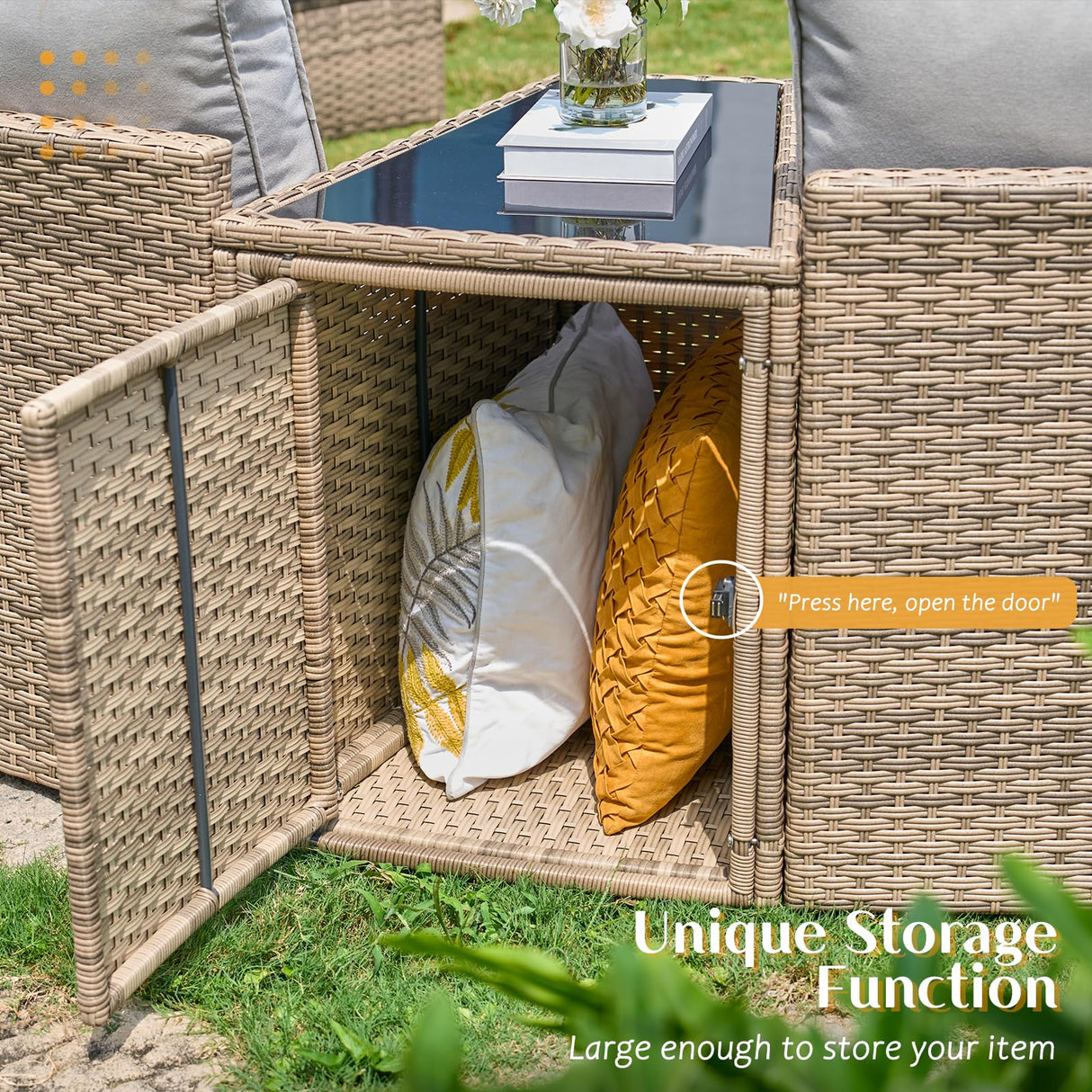 PaPaJet 11-Piece Patio Furniture Set, Half-Moon Outdoor Wicker Sectional Sofa with Large Storage Wedge Table, All-Weather Wicker Conversation Set for Backyard, Garden, or Deck, Beige PaPaJet