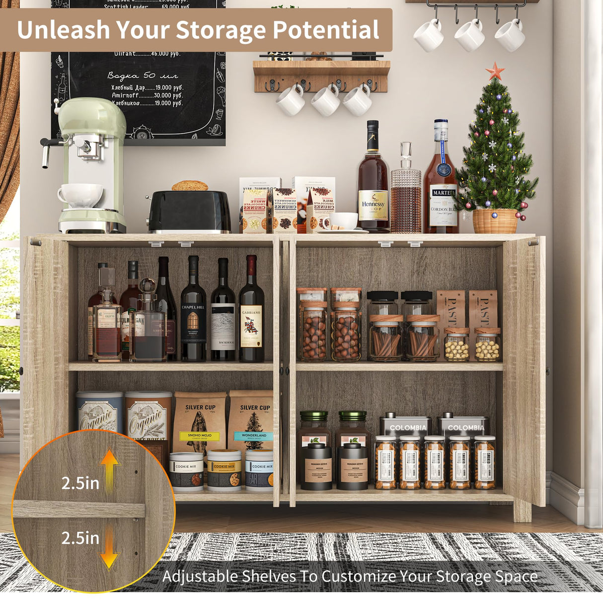 knoworld Buffet Cabinet with Storage Farmhouse Buffet Sideboard with 4 Doors, 55'' Large Kitchen Storage Cabinet Wood Coffee Bar Buffet Table for Kitchen, Dining Room, Entryway knoworld