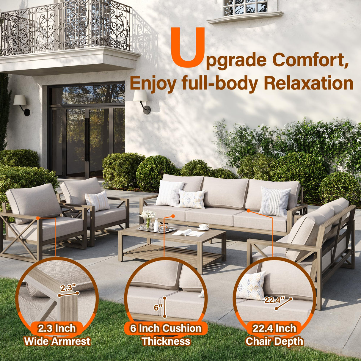 UDPATIO Aluminum Patio Furniture Set 5 Pieces Modern Outdoor Furniture Faux Wood Grain Patio Conversation Sets with Olefin Fabric Thick Cushions and Coffee Table, Include 600D Waterproof Cover UDPATIO