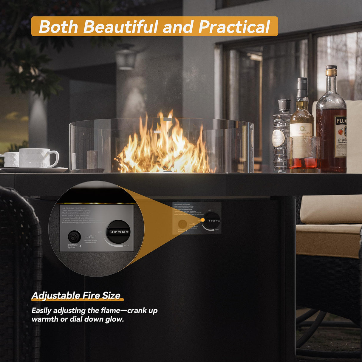 Kurapika 5 Pieces Patio Furniture Set, Rattan Wicker Outdoor Conversation Sets, 4 Woven Rattan Swivel Chairs w/48in Propane Fire Pit Table and Thickened Cushions, Sand Kurapika