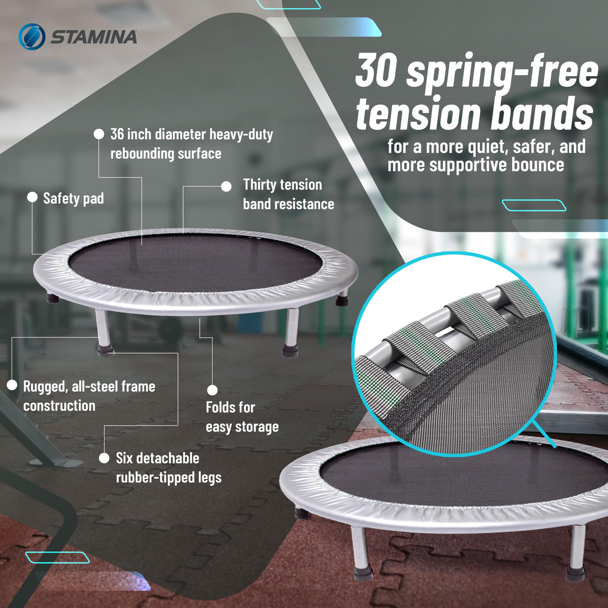 Stamina 36 Inch Durable Rugged Steel Frame Folding Trampoline with MUUV Coaching Audio App and 250 Pound Weight Capacity, Gray Stamina