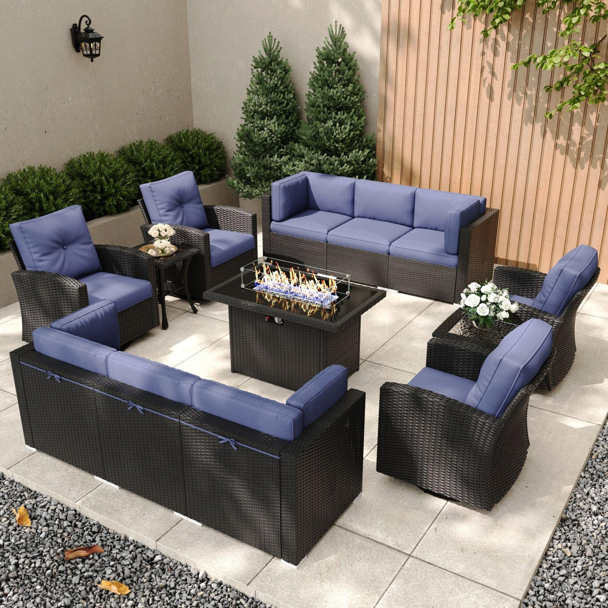 KHOLH Patio Furniture Set with Fire Pit Table, 13 Pieces Outdoor All-Weather Wicker Conversation Sectional Chair Sofa Set with 4 Swivel Chairs KHOLH