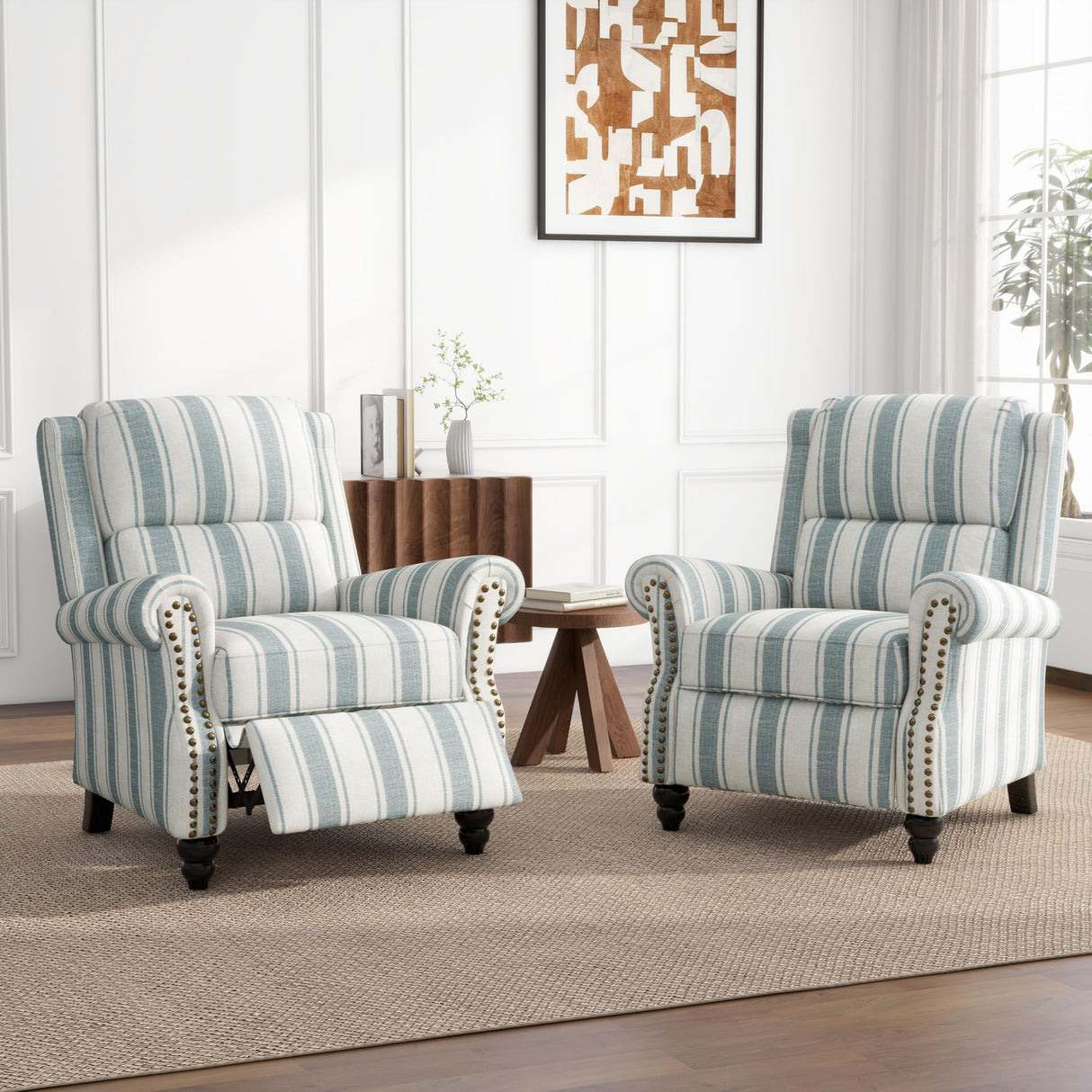 UIXE Pushback Recliner Chairs Set of 2, Fabric Armchair Push Back Accent Chair, Rivet Trim Club Chair Home Theater Overstuffed Single Sofa Reading Seat for Living Room, Stripe Blue UIXE
