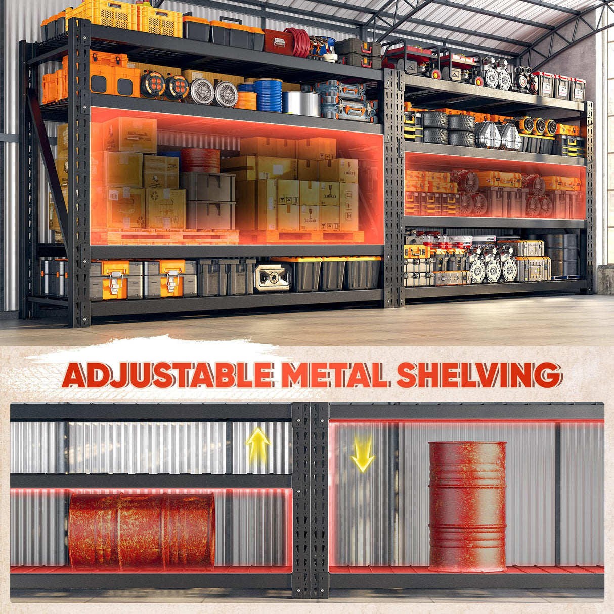 Bepatio 9400LBS Garage Shelving 67.6W Storage Shelves Adjustable Metal Shelving 4 Tier Garage Storage Shelves Utility Shelf for Warehouse Basement Shop, Black 67.6''Wx23.7''Dx72''H, 2PCS Bepatio