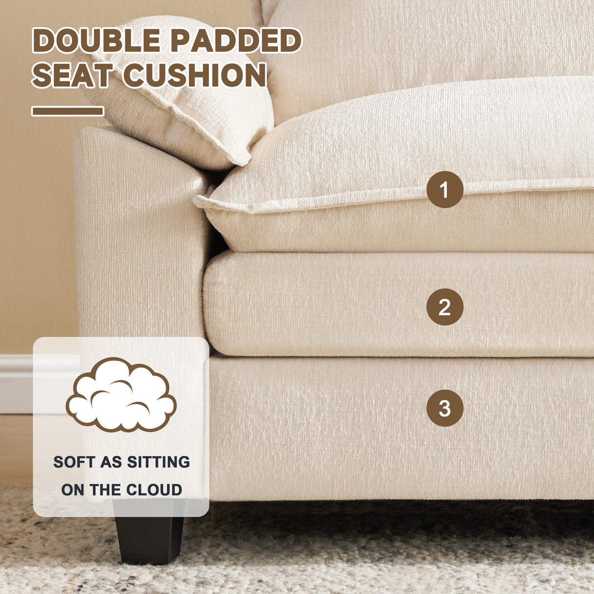 SUAWY 114 Inch Modular Couch Sectionals with Ottoman, Big Comfy Cloud Couches, L Shaped 4 Seat Modular Sectional Sofa, Modern Cloud Sectional Couches for Living Room, Deep Seat Sofa, Beige SUAWY