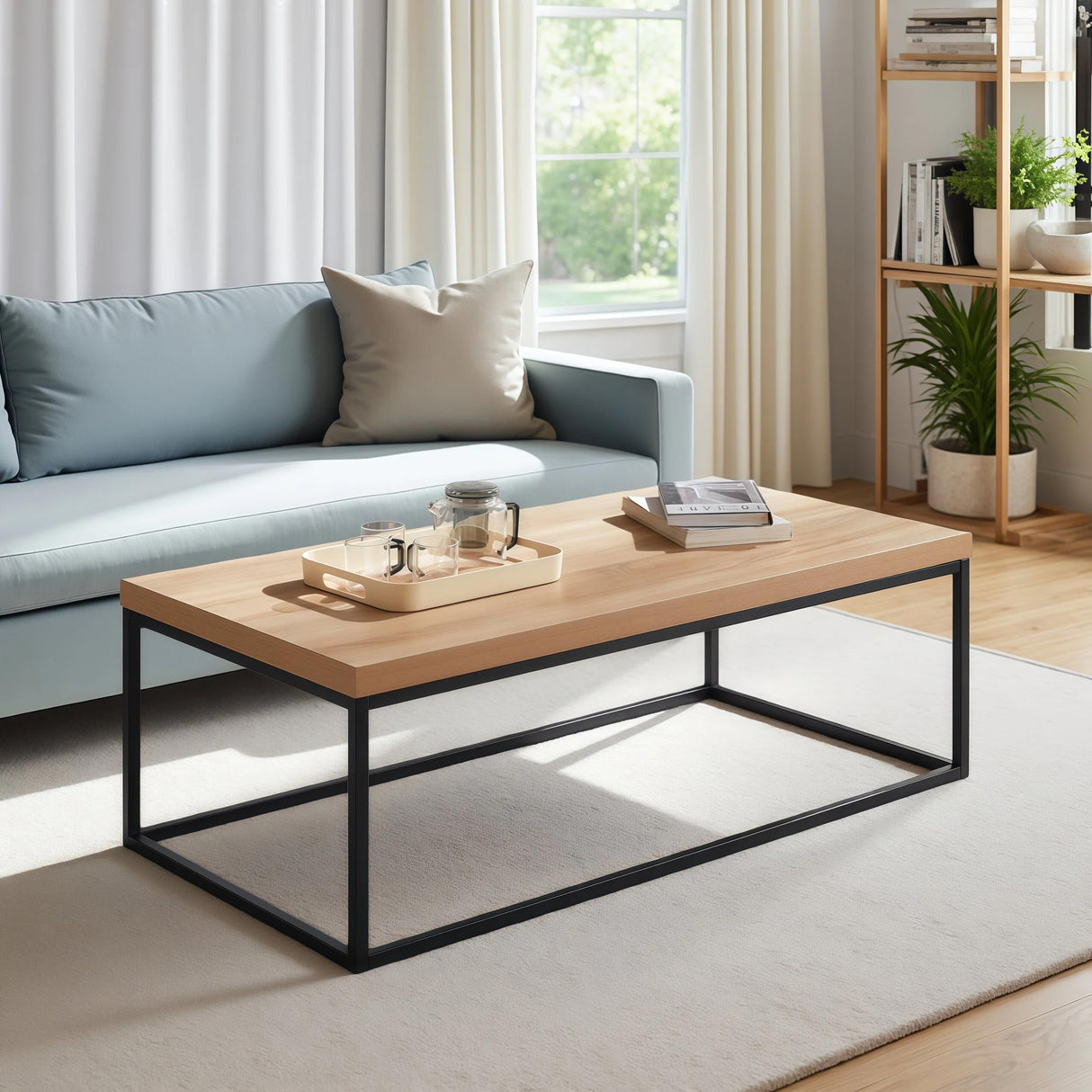 CENSI 47-Inch Natural Oak Coffee Table for Living Room, Modern Industrial Rectangular Wood and Metal Center Table with Extra Thick Tabletop (Natural Wood) CENSI