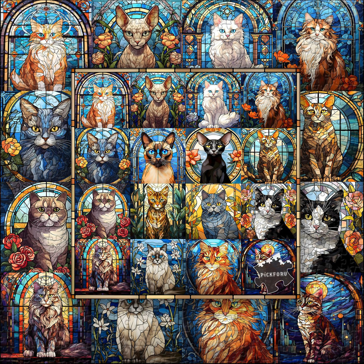 Stained Glass Puzzle Cat Puzzles for Adults 1000 Pieces, Colorful Kitty Kitten Collage Puzzles 1000 Pieces, Hard Difficult Impossible Challenging Jigsaw Puzzles for Adults PICKFORU