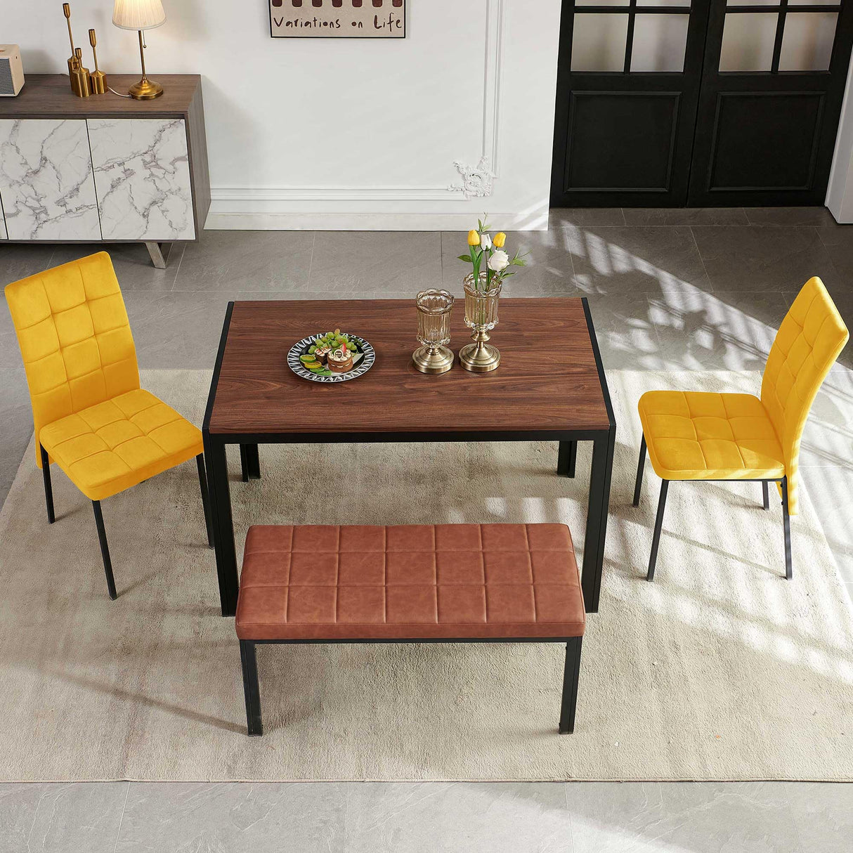 Homedot Dining Table Set for 4, Industrial Rectangle Kitchen Table with Upholstered Chairs and Bench, 4-Person Dining Room Table Set, Breakfast Dinette Set for Small Spaces, Apartment Homedot