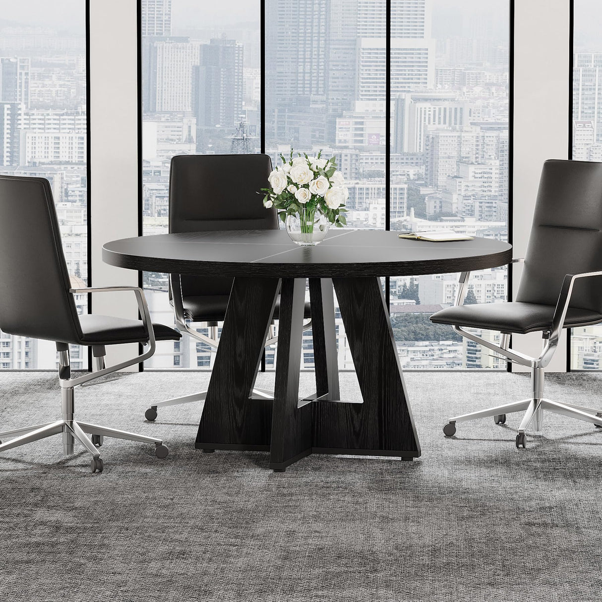 Tribesigns 47-Inch Round Conference Table for 4-6 People, Wooden Meeting Room Table with Thicken Tabletop and Wood Base (Black) Tribesigns