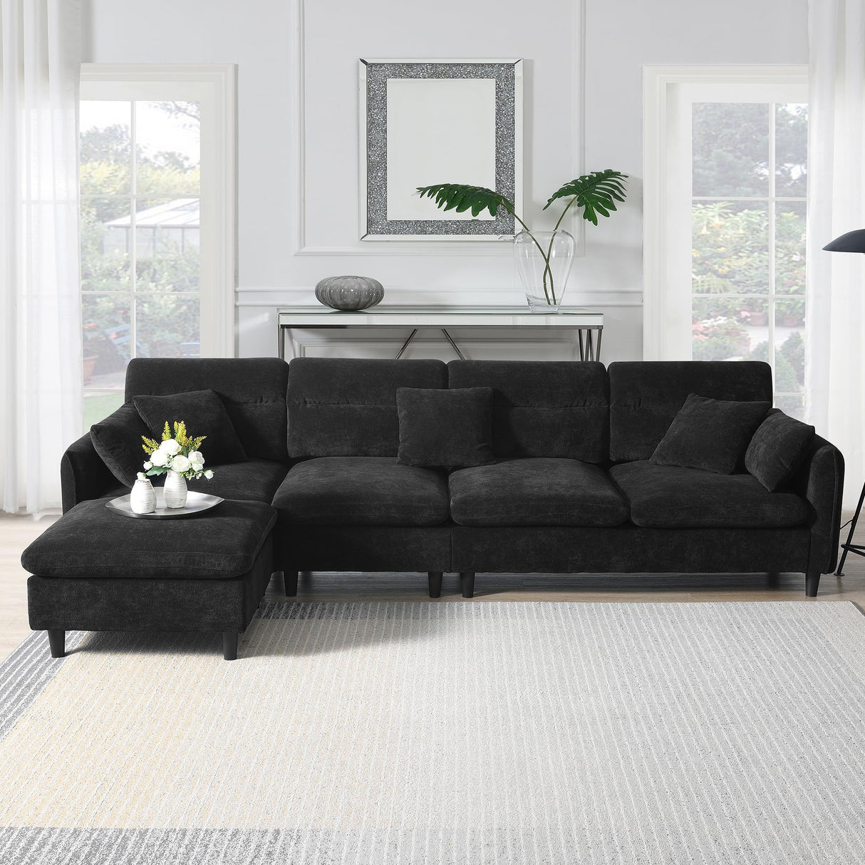 Merax 110 * 62" Modern 5 Seat Convertible Sectional Sofa with Ottoman & 5 Pillows, Cloud Chenille L-Shaped Reversible Couch Set for Living Room,Apartment, Black Merax