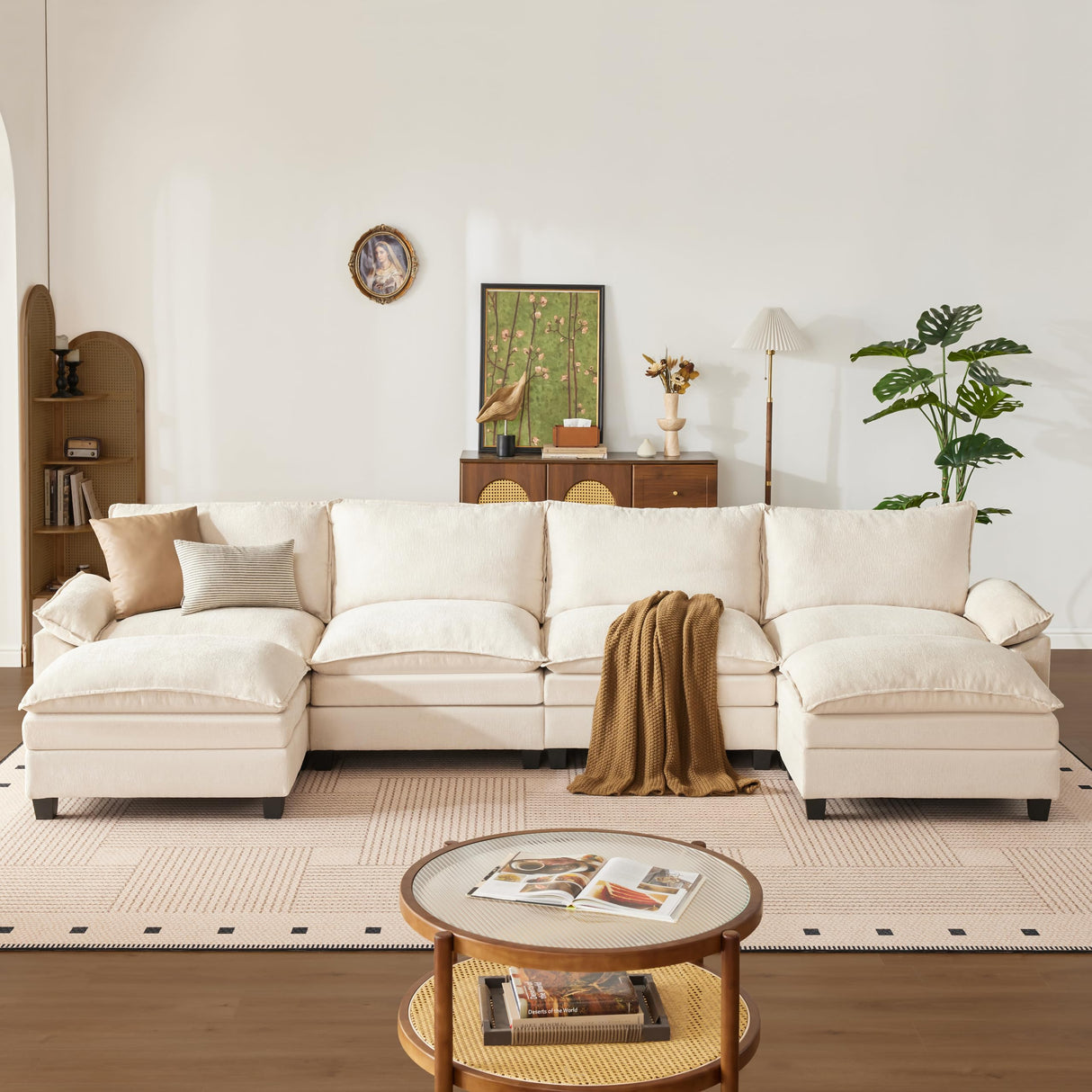 SUAWY 147 Inch Big Comfy Couch with Ottoman, 6 Seat U Shaped Couches, Cloud Modular Sectional Sofa, Modern Cloud Couch Sectionals, Sectional Couches for Living Room, Oversize Deep Seat Sofa, Beige SUAWY