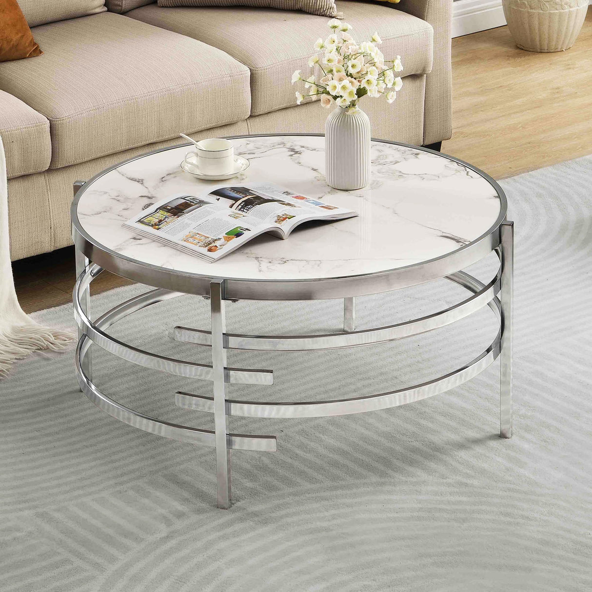 LifeSky Round Modern Coffee Table - 32" Faux Marble Circle Center Table Stone Metal Silver LIFE SKY