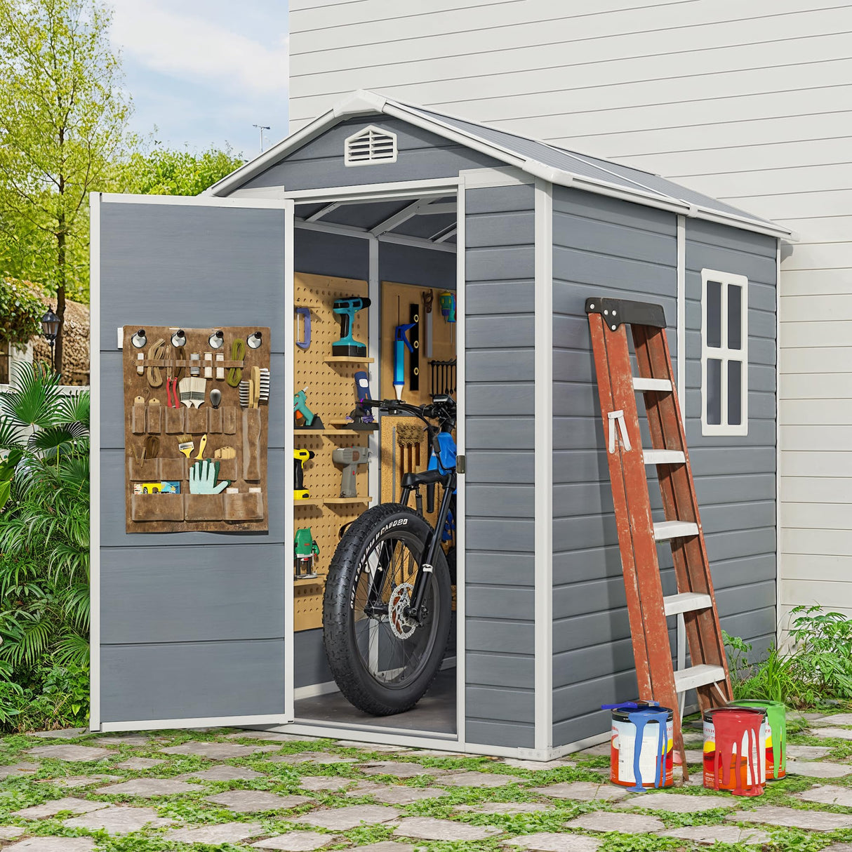Gizoon 6x4 FT Outdoor Storage Shed with Floor, Resin Garden Tool Shed with Lockable Doors, Window, Vents, Reinforced Steel Frame, Waterproof Plastic Storage Sheds for Backyard, Patio, Lawn Gizoon