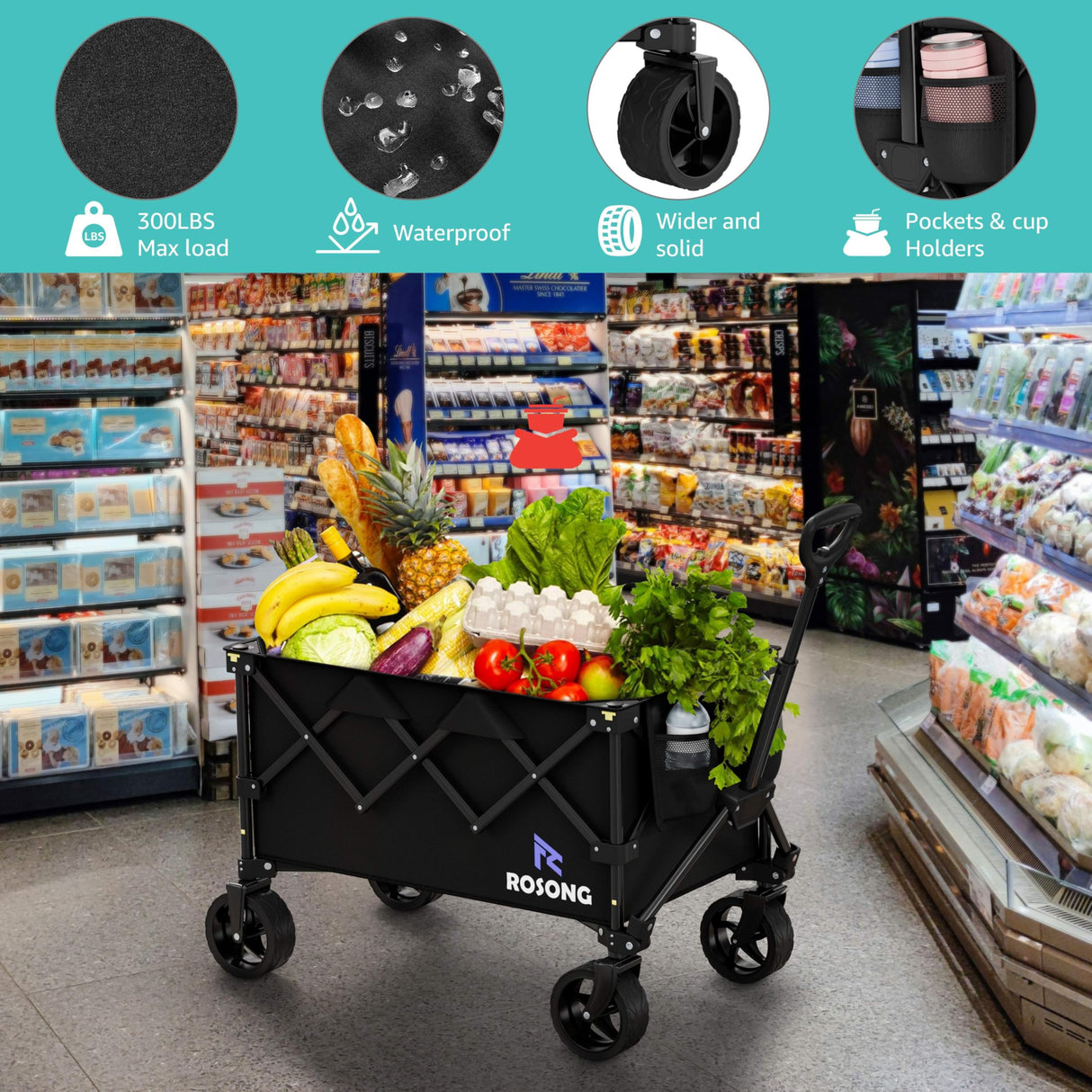 Folding Wagon Cart with Wheels Foldable - Collapsible Wagons Carts Heavy Duty, Fold Up Portable Utility Wagon for Grocery Beach Sports Fishing Camping Shopping ROSONG ROSONG