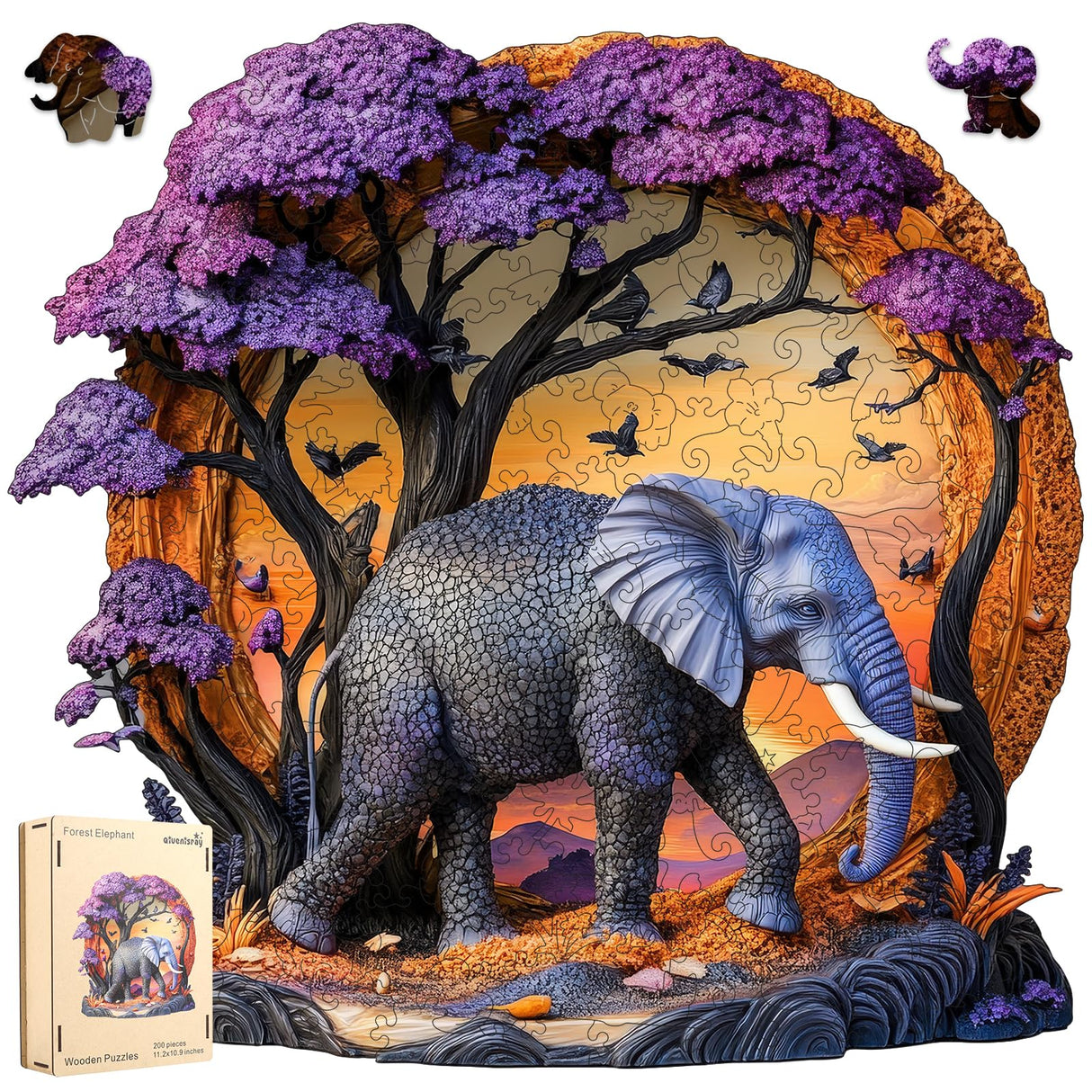 Wooden Puzzle for Adults 200 Pcs, 3D Vision Effect Elephant Forest Puzzle Unique Shape Advanced Jigsaw Puzzle, Challenge Wooden Jigsaw Puzzle for Family Game (11.2 x 10.9 in) Qiuenisray