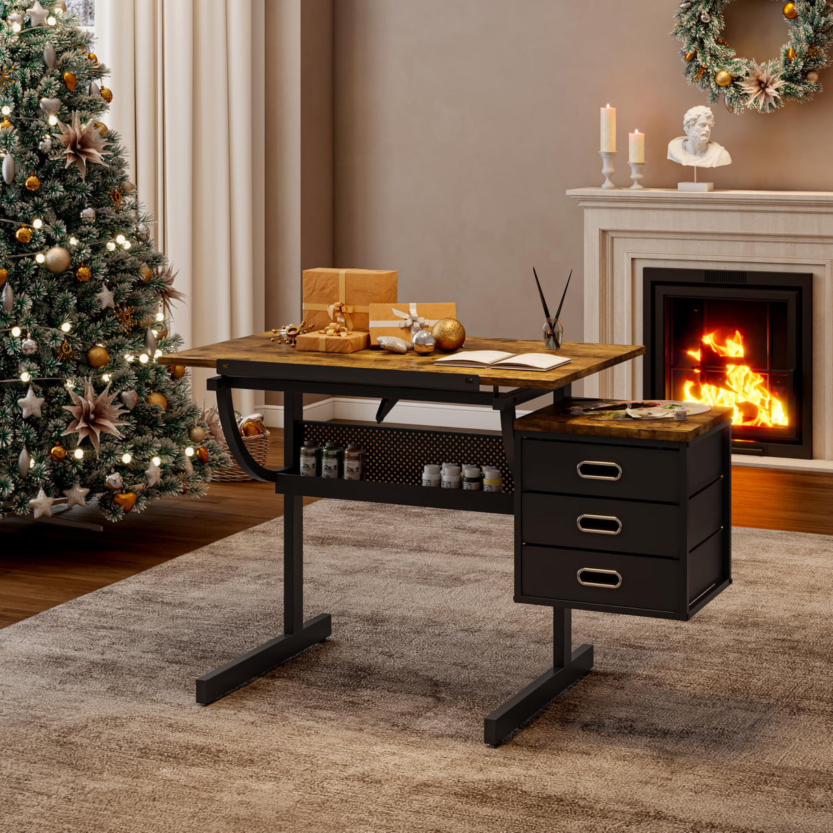 Drafting Table with Storage for Adults/Artists, Drawing Art Desk with 3 Drawers and Stool,Tabletop Adjustable Art Table Workstation for Studio Home Office School,Black KrenzhHome