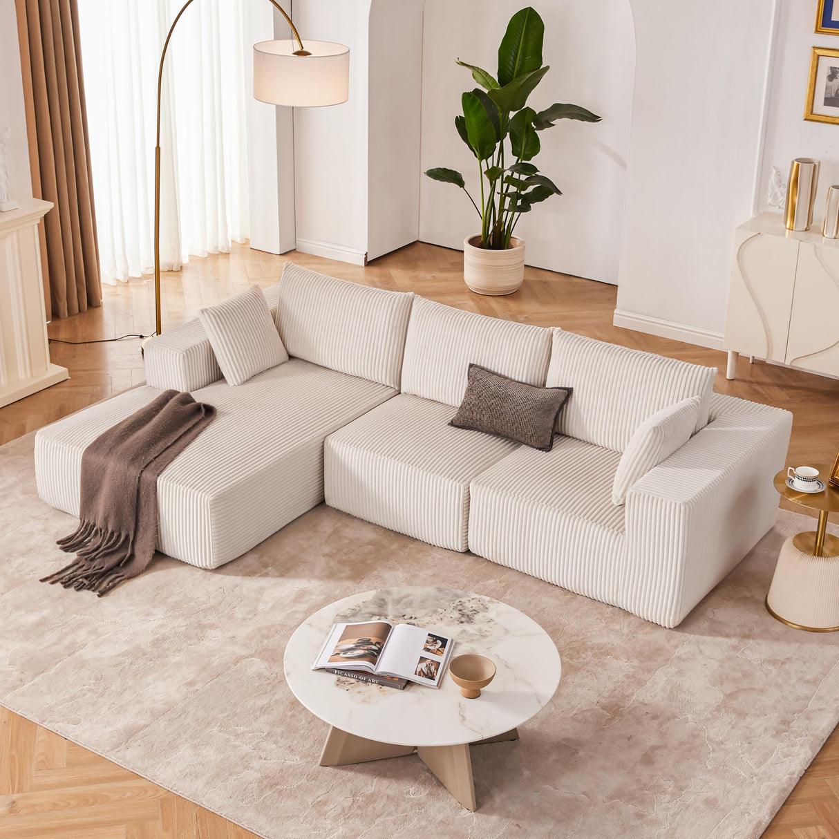 Huatean Home 108” Modular Sectional Sofa, Sponge Sectional Sofa Couch for Living Room, Modular L-Shape Sofa Couch with Chaise, Ivory Huatean Home
