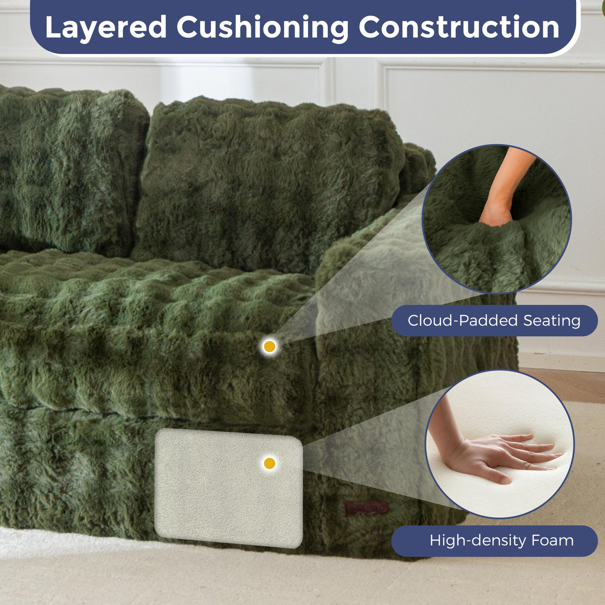 MAXYOYO Loveseat Sofa for Living Room, Small Sofa Couch Tufted Boneless Couch, Comfy Bean Bag Chair for Small Space Bedroom Apartment, No Assembly Needed, Green MAXYOYO