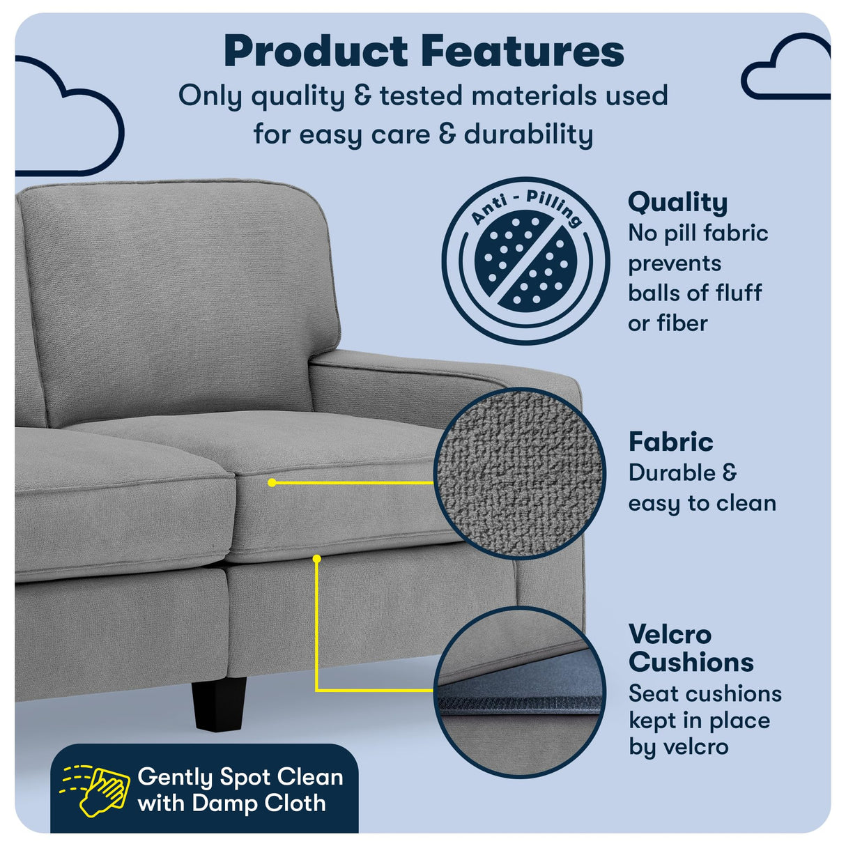 Serta Palisades 61" Track Arm Sofa, Easy Care Polyester, Soft Pillow Back, Pocket Coil Seat Cushions, Removable Covers, Loveseat or Couch for Small Spaces, Living Rooms or Bedrooms, Glacial Gray Serta