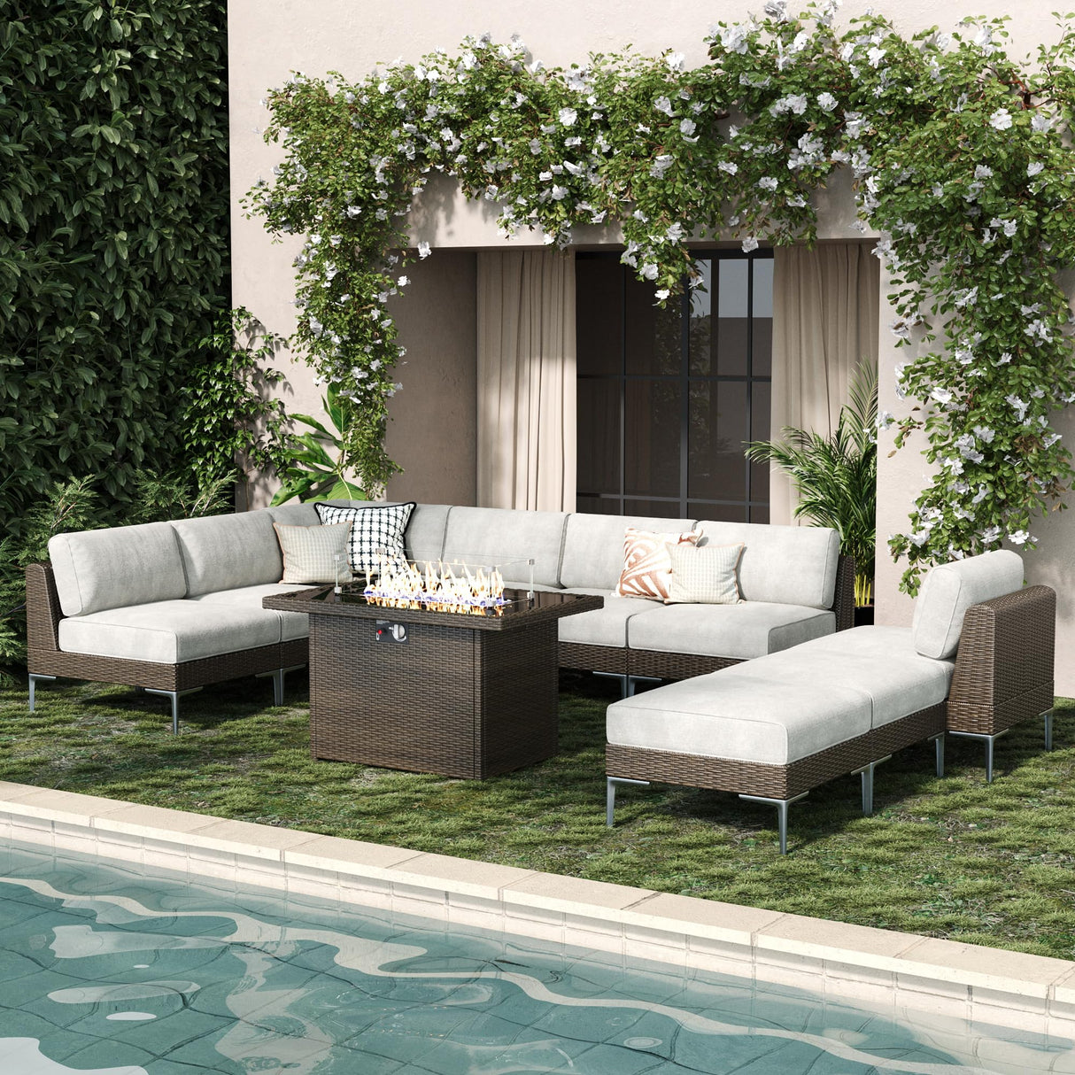 LayinSun 10-Piece Outdoor Modular Wicker Sectional Sofa with Fire Pit Table, Patio Furniture Conversation Set with Deep Seating and Thick Cushions LayinSun