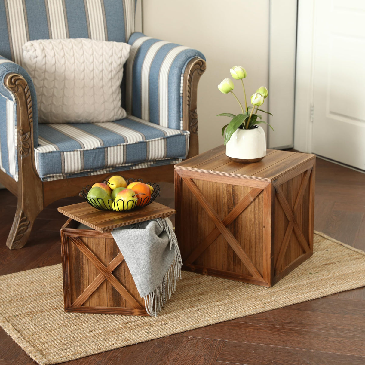 COLLECTIVE HOME - Wood Storage Ottoman, Rustic Storage Stool, 2 Pack Cube Seat Foot Rest Stool, Accent Side Table, Metal Storage Bin for Living Room Furniture, 16"/12" (Wood, barn Door) COLLECTIVE HOME