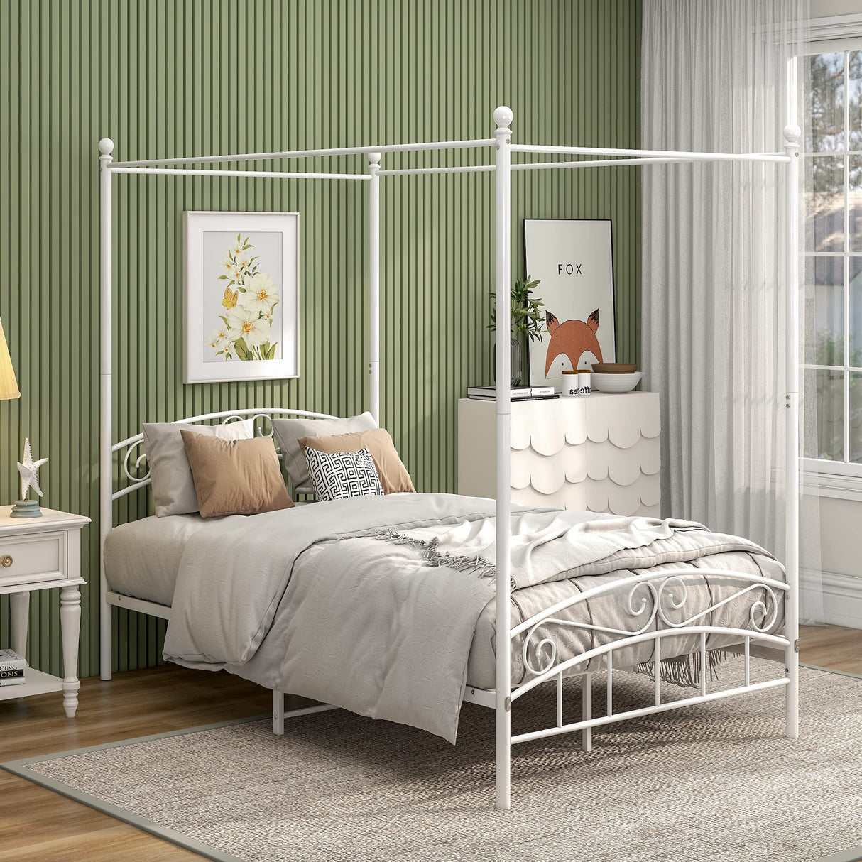 JURMERRY Metal Canopy Bed Frame Four-Poster Bed with Headboard & Footboard Mattress Foundation Sturdy Slatted Structure No Box Spring Needed Easy Assembly,Full White JURMERRY