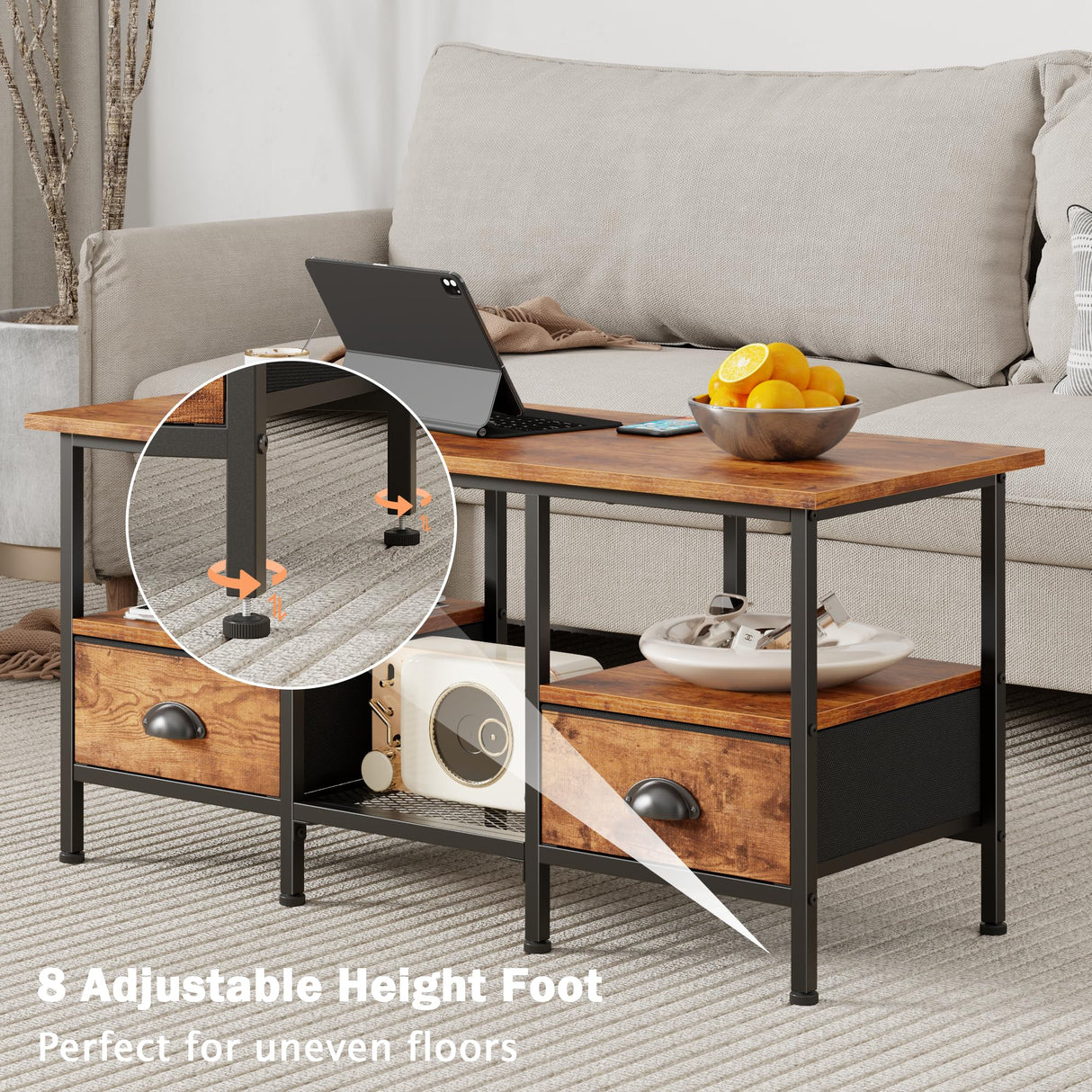 Furologee 35" Coffee Table with 2 Storage Drawers, Small Coffee Tables for Living Room, Industrial Center Table with 2 Tier Storage Shelf, Rustic Brown Furologee