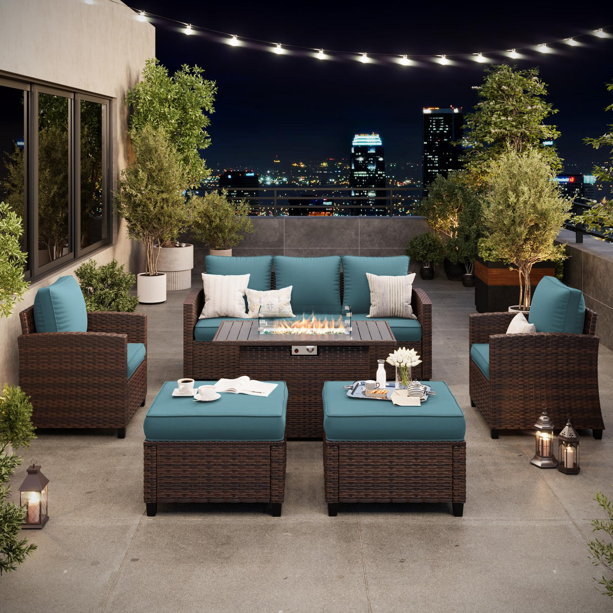 VONZOY 6 Pieces Patio Furniture Set with 44" Gas Fire Pit Table, Outdoor Sectional Conversation Sets, All-Weather Wicker Rattan Sofa w/Gas Fire Pit, Ottoman, Thick Cushion Light Blue VONZOY