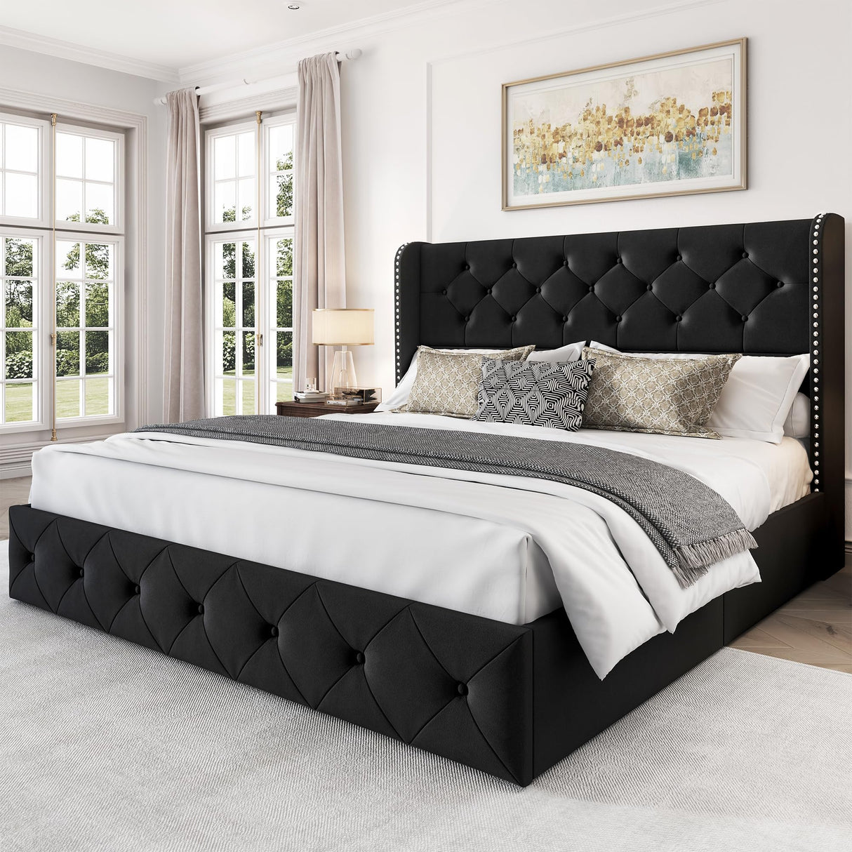 LARMACE Queen Size Bed Frame with 4 Storage Drawers and Wingback Headboard Upholstered Platform Beds Velvet Tufted Bed Frame with Wooden Slats Support, Easy Assembly, Black LARMACE