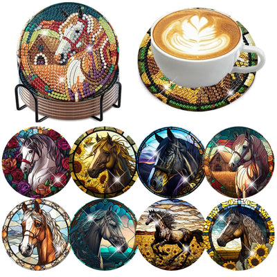 Zythron 8 PCS Diamond Art Coasters Horse Diamond Painting Coasters Kits Horse with Holder Cork Pads DIY for Beginners, Adults, Diamonds Art Crafts Supplies 4x4 in