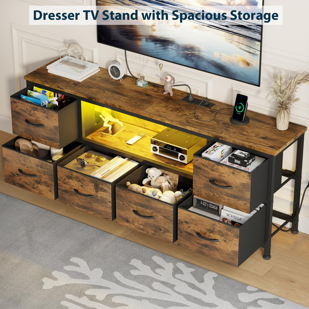 Lulive TV Stand for Bedroom, LED Rustic Brown Dresser for Living Room with 6 Fabric Drawers, 43 55in TV Stand with Power Outlet, Entertainment Center with Open Shelf Lulive