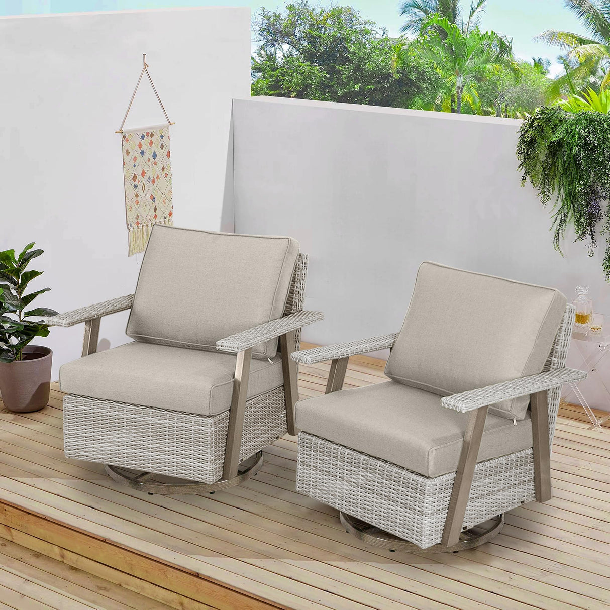 Auzfy 2 Pieces Oversized Outdoor 360° Swivel Rocker Patio Chairs Set, Outdoor Swivel Rocking Glider Chairs Set of 2, PE Wicker Rattan Outdoor Patio Swivel Rocking Furniture Set, Grey Auzfy