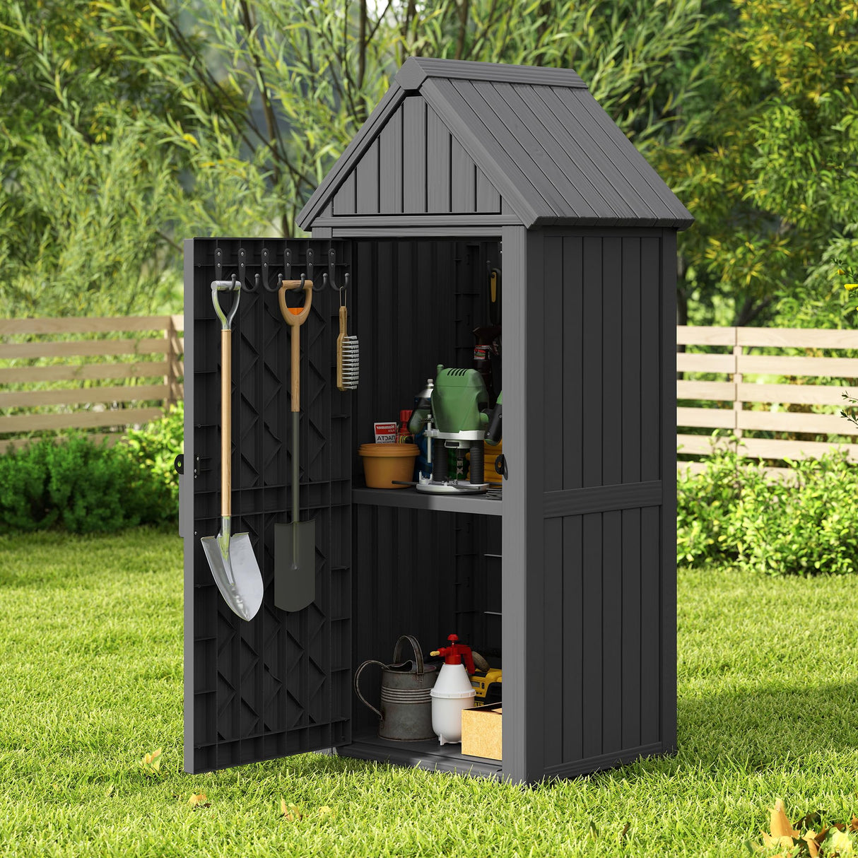 LHBcraft Shed Outdoor Storage Shed with Sloping Roof and Lockable Door, Resin Outdoor Storage Box Cabinet Waterproof and Multiple Hooks for Backyard, Patio, Poolside, Black LHBcraft