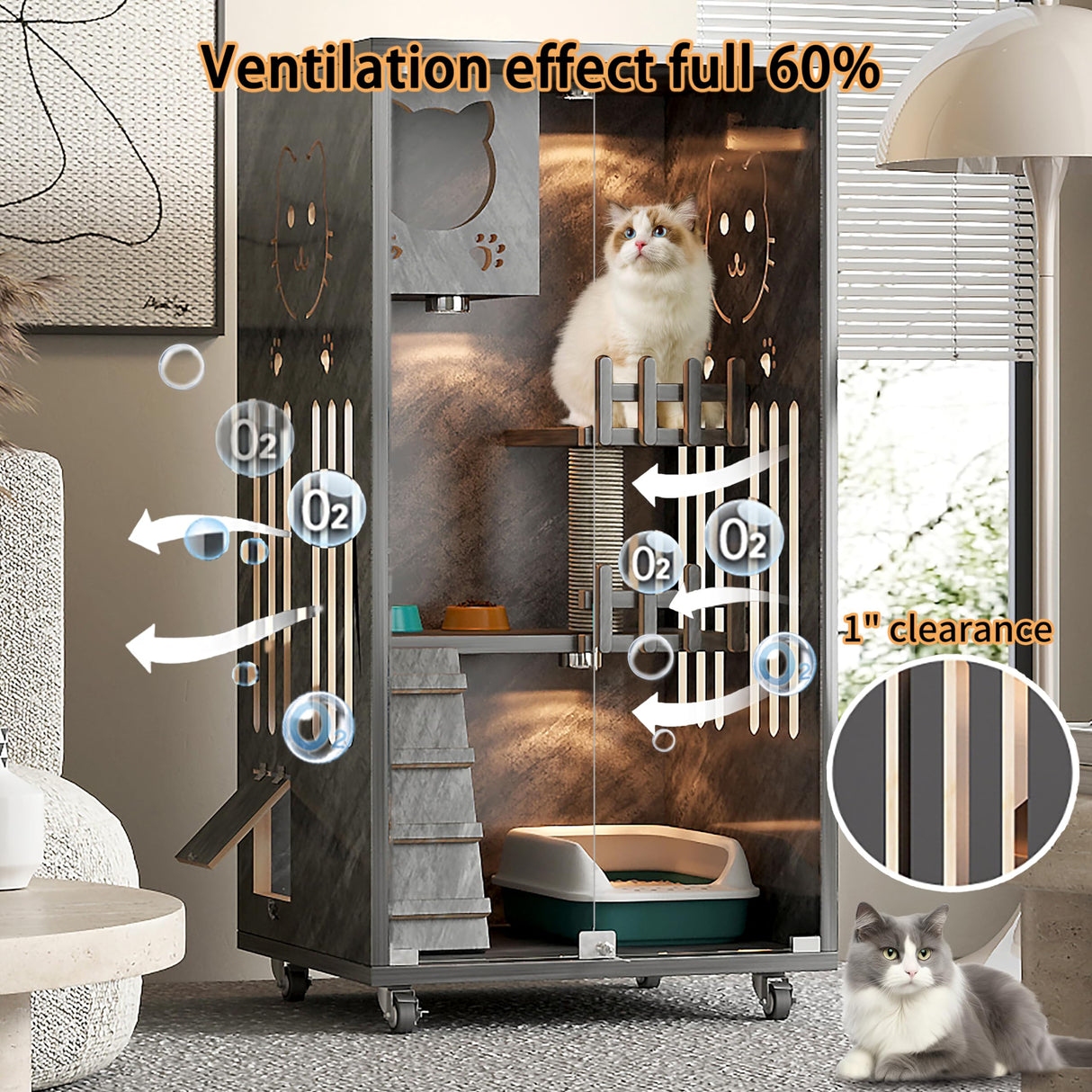 Wooden Cat House Large Space Cat Cage with Scratching Post, Wooden Indoor/Outdoor Cat Enclosure with Wheels, Multi-Feature Enclosed Cat Houses for Indoor Cats Ventilation Glass Doors,50" X 24" X 24" HUATOL