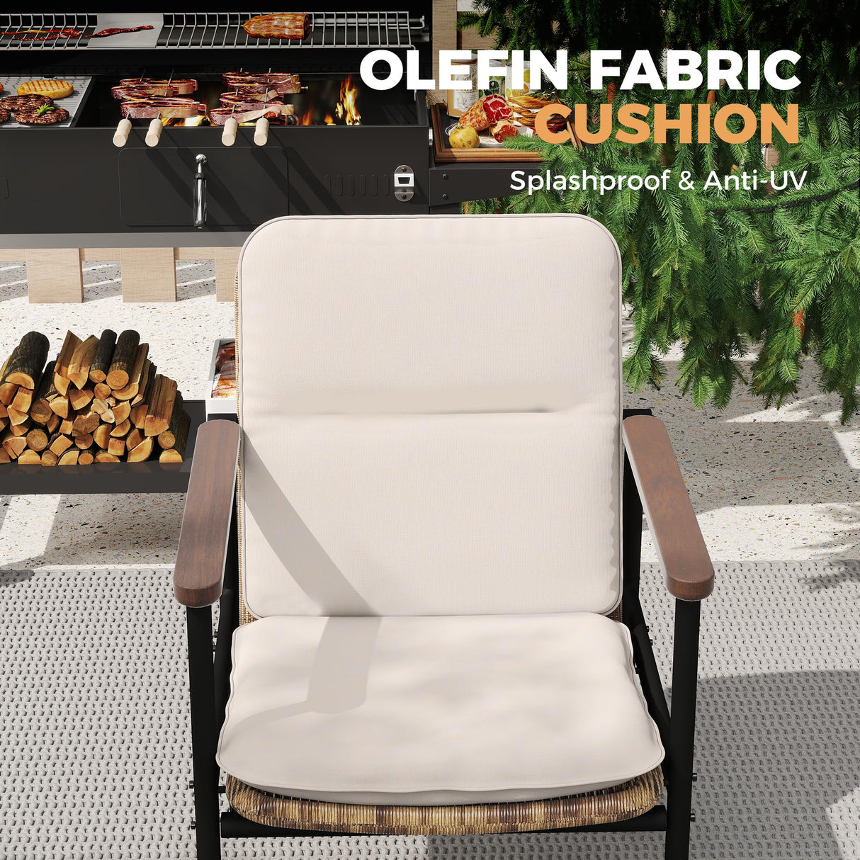 HAPPATIO 9 Piece Patio Dining Set Outdoor, 8 Wicker Chairs with Aluminum Frame and Olefin Cushions, Large Wooden Dining Table with Umbrella Hole,Patio Table and Chairs for Backyard Garden Porch HAPPATIO