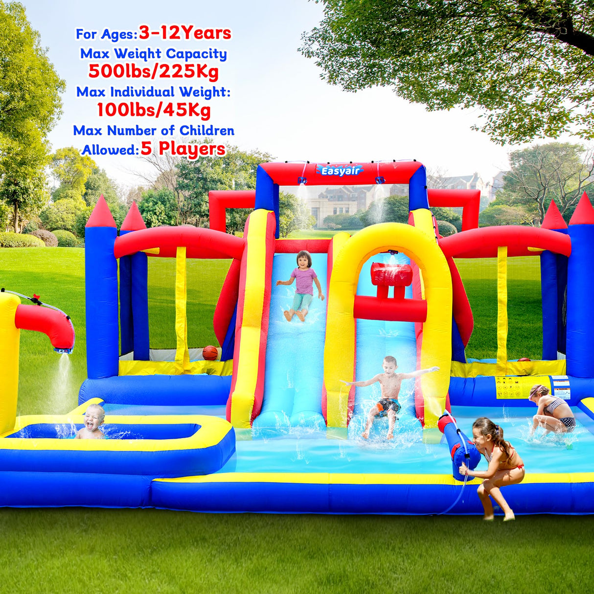 Easyair Deluxe Large Inflatable Water Slide for Big Kids, 20.5 ft L x 16.4 ft W x 7.6 ft H Water Bounce House, Outdoor Blow Up Pool, Climbing Wall, Basketball Hoop, Throw Ball Game, with 950W Blower EASYAIR