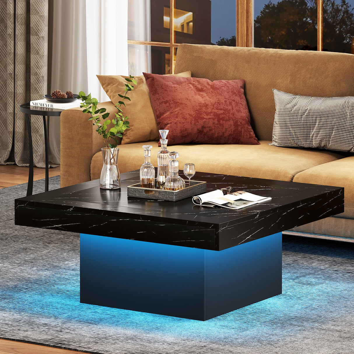 Tribesigns Coffee Table Square LED Coffee Table Engineered Wood Low Coffee Table for Living Room (Faux Marble Black+Black) Tribesigns