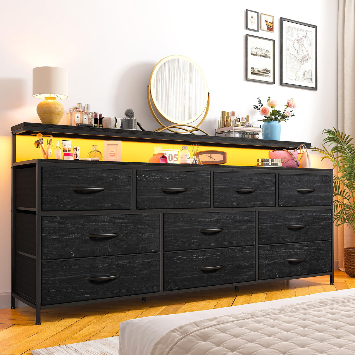 EnHomee 55" W Dresser for Bedroom with 10 Drawers Long Dresser with LED Lights & Power Outlets Wide Dressers & Chests of Drawers Large Dresser for Bedroom Dresser Metal Frame, Wood Top, Charcoal Black EnHomee