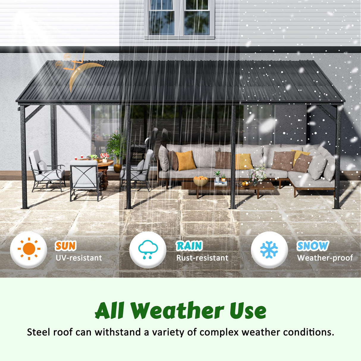 Yardenaler 12x20 FT Wall Mounted Gazebo with Triangle Structure, Hardtop Lean to Gazebo with Metal Slope Roof, Outdoor Pergola with Drainage Holes for Patio, Backyard, Deck Yardenaler