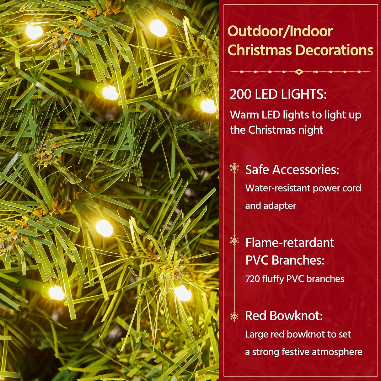 Yaheetech 48in Large Artificial Christmas Wreath, Pre-lit Holiday Accent Decoration with Red Bow, 200 LED Lights & 720 PVC Tips, Metal Structure for Door Wall & Mantel Yaheetech