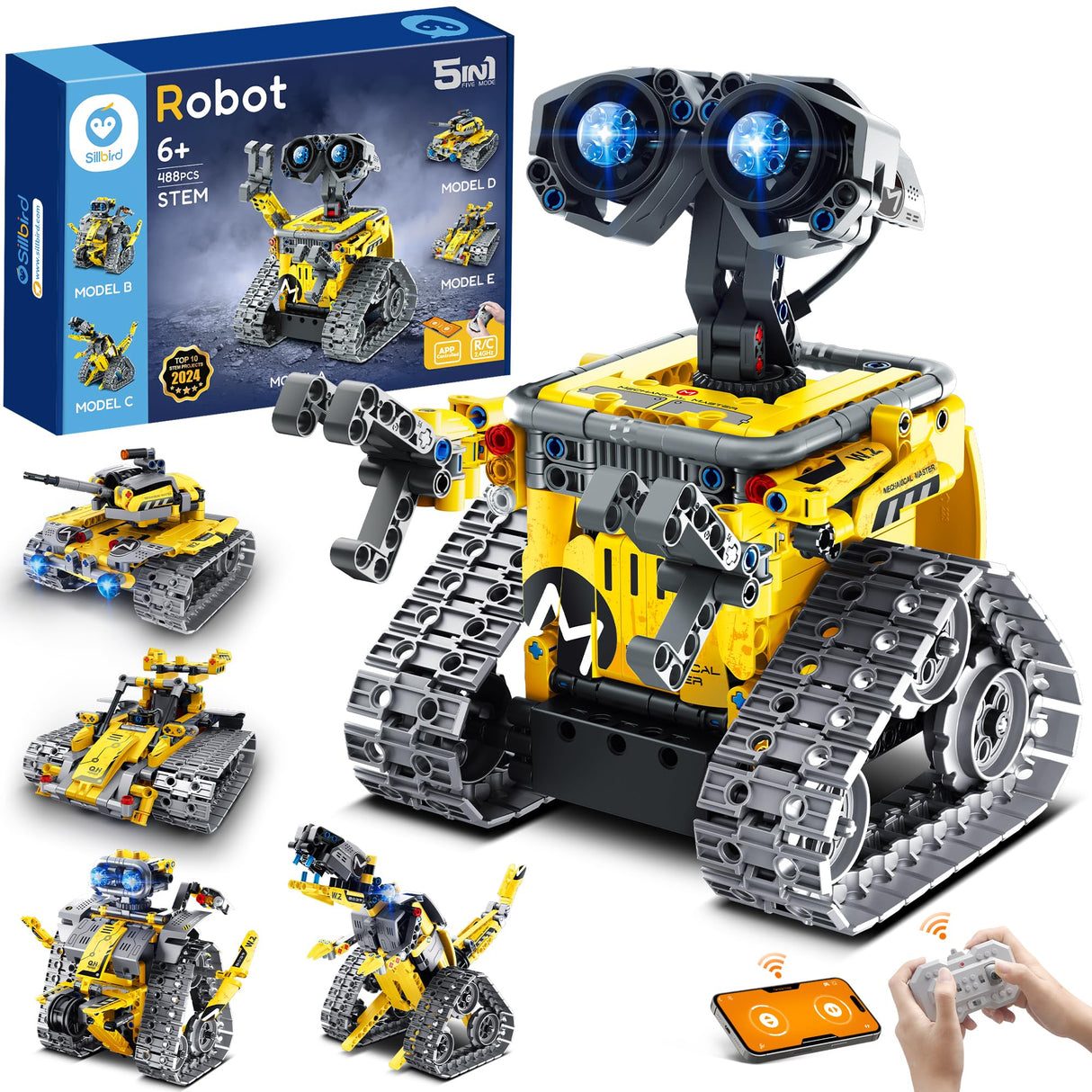 Sillbird Robot Building Kit with Remote Control STEM Gifts for Boys Age 8-13, Technic Coding Robotic Toys for Kids Birthday, Buildable 5in1 Models with 488 Pieces Sillbird