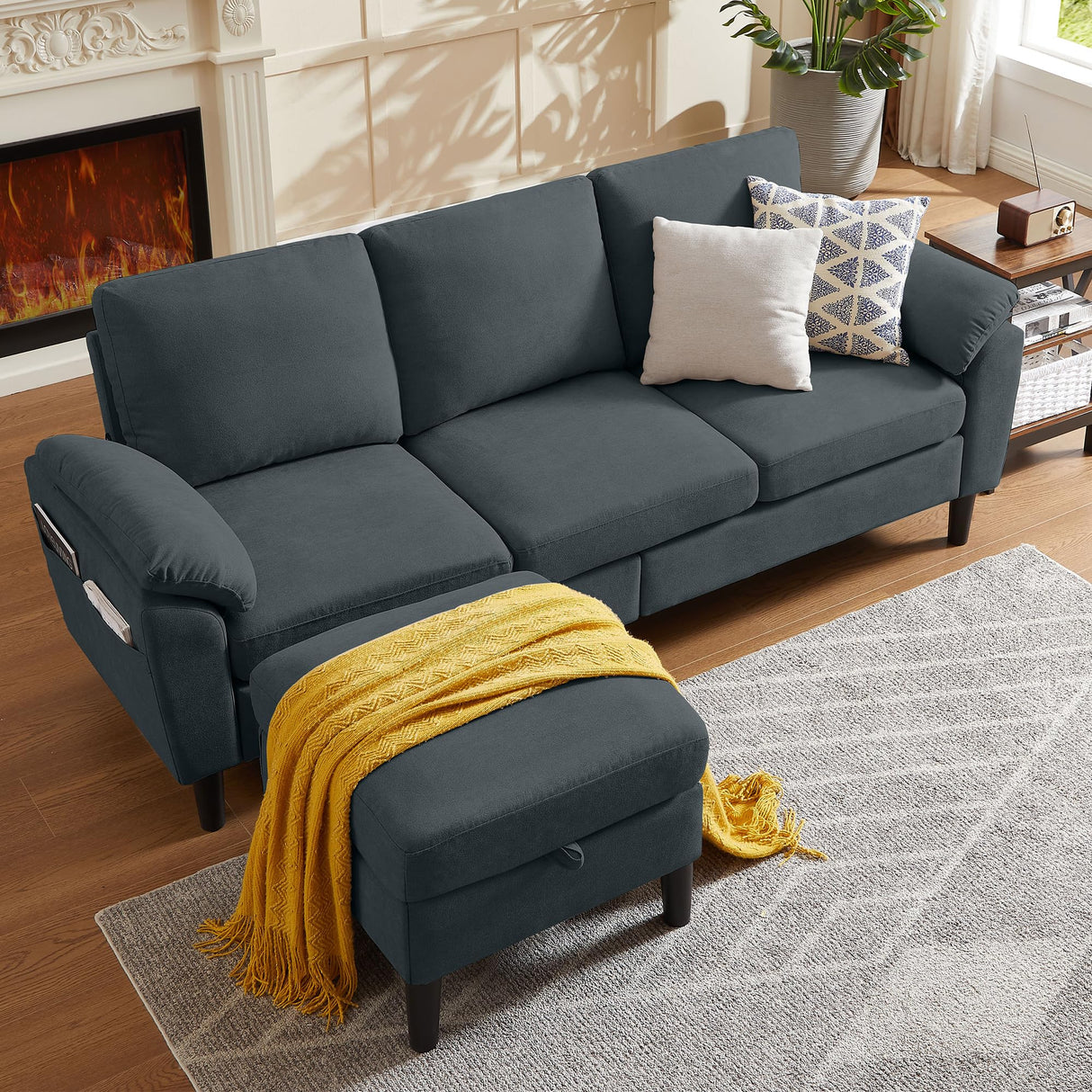 Chireca 80" Convertible Sectional Sofa, Small L Shaped 3 Seat Couch with Reversible Storage Chaise, Modern Polyester Fabric Sofa Couches for Living Room, Apartment and Small Space, Dark Grey Chireca